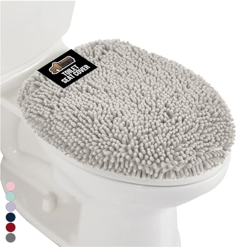 GORILLA GRIP Soft Chenille Bathroom Toilet Lid Cover, Machine Washable Seat Covers, 19.5x18.5, Stays in Place Rubber Backing, Fits Most Round, Elongated and Oblong Lids, Accessories Decor, Light Gray - color: Light Gray, style: Chenille