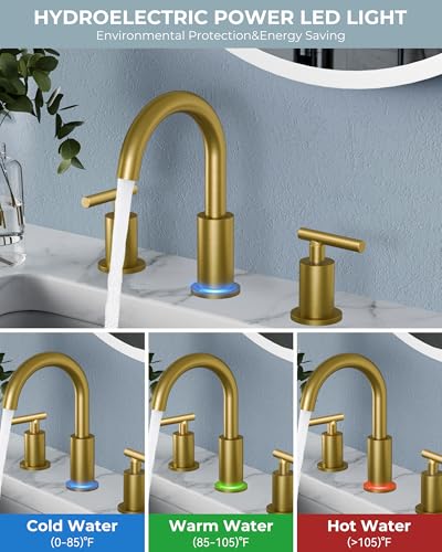 FORIOUS 8" LED Bathroom Faucet Gold, Vanity 3 Hole Bathroom Faucet Lights | 3 Hole Brushed Gold Bathroom Faucet Widespread with 3 Color Changing LED Light, Pop Up Drain, CUPC Supply lines, Light Faucet - color: Brushed Gold, style: Contemporary