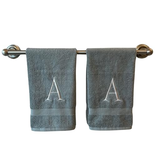 Gray with Silver Monogrammed Hand Towels for Bathroom - Set of 2 Letter A | Luxury Hotel Quality Initial Towels For Powder Room, Spa, GOTS Organic Certified - color: Gray With Silver, size: Initial A