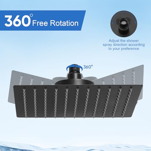RUMOSE Rain Shower Head with Filtered Matte Black 10 Inch High Pressure Rainfall Shower Head Square Stainless Steel Fixed Waterfall Showerheads Filter For Hard Water