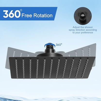 RUMOSE Rain Shower Head with Filtered Matte Black 10 Inch High Pressure Rainfall Shower Head Square Stainless Steel Fixed Waterfall Showerheads Filter For Hard Water
