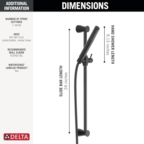 Delta Faucet Compel Slide Bar Hand Held Shower with Hose, Black Handheld Shower Head, Slide Bar Hand Shower, Black Handheld Shower, Detachable Shower Head, Matte Black 57085-BL - color: Matte Black