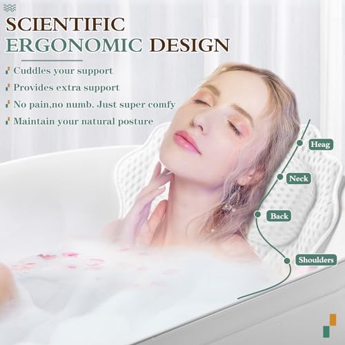Bath Pillow RUVINCE Ergonomic Luxury Bathtub Pillow with Head,Neck, Shoulder and Back Support, 4D Bath Pillows for tub with 6 Powerful Suction Cups, Fits All Bathtub - color: White