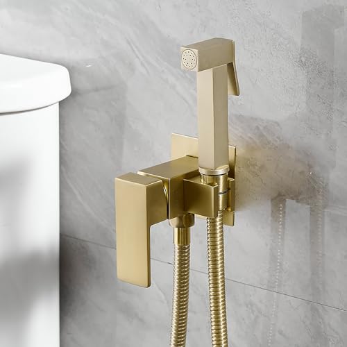 Wall Mounted Bidet Sprayer Set for Toilet with Hot & Cold Water | Warm Water Bidet Sprayer Faucet,Brass Valve,Handheld Bidet Attachment Set for Bathing Pets and Feminine Hygiene,Brushed Gold - size: Square- Gold