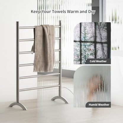Freestanding Towel Warmer, Brushed Stainless Steel | Top One-Button Timer (2H/4H/Continuous), Rapid Heating, No Bending, Stainless Steel, Bathroom/Dressing Room。 - color: Brushed