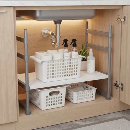 Adjustable Telescopic Cabinet Shelf, Tool-Free Under Sink Organizer Rack, Carbon Steel and PP Plastic Storage Solution for Kitchen and Bathroom - size: 9.84 x 5.71 x 4.53 in