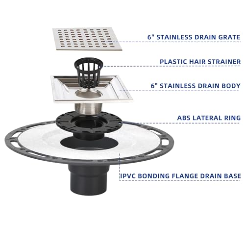 6-Inch Square Shower Drain Kit with Bonding Flange, Brushed Silver | Removable 304 stainless steel grate with hair strainer; fits 2- and 3-inch pipes for tiled shower floors and wet areas - size: 6in-Brushed Stainless Steel