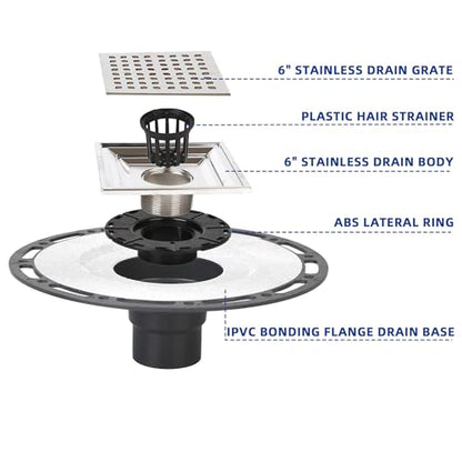 6-Inch Square Shower Drain Kit with Bonding Flange, Brushed Silver | Removable 304 stainless steel grate with hair strainer; fits 2- and 3-inch pipes for tiled shower floors and wet areas - size: 6in-Brushed Stainless Steel
