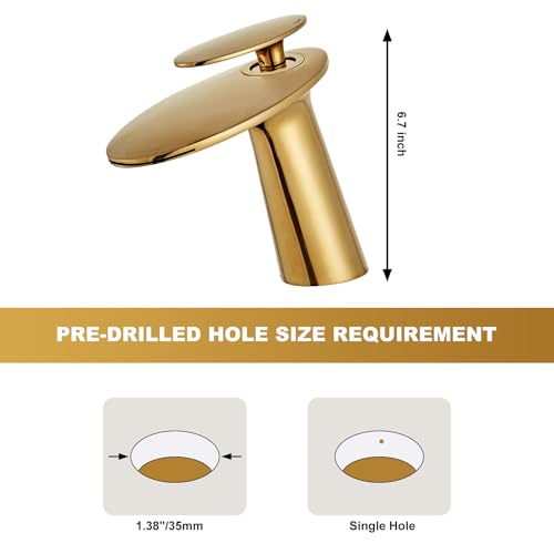 Shiny Polished Gold Waterfall Bathroom Sink Faucet and Pop Up Drain - color: Polished Gold, size: Short Body