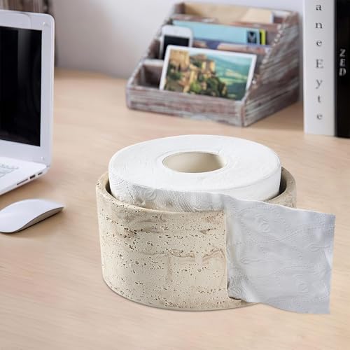 Natural Travertine Textures Toilet Paper Holder Stand for Bathroom Countertop or Floating Shelves,Toilet Top Decorative Roll Organizer Mega Roll 5.5 Inches or Less, Free Standing Mega Roll Storage