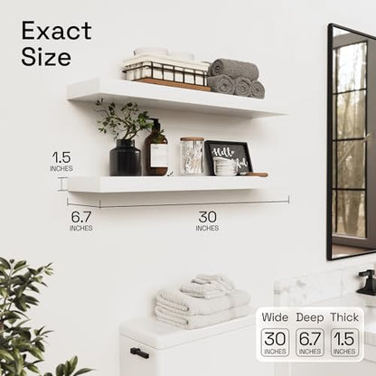 Solid Wood Floating Shelves for Wall 30 Inches Long, White Wooden Shelf | Real Wood, 30 Inch, Bathroom Shelf Large, Heavy Duty, Wall Mounted, Kitchen Bedroom Thick, White Finish, 30W × 6.7D, Set of 2 - color: White, size: 30 Inch
