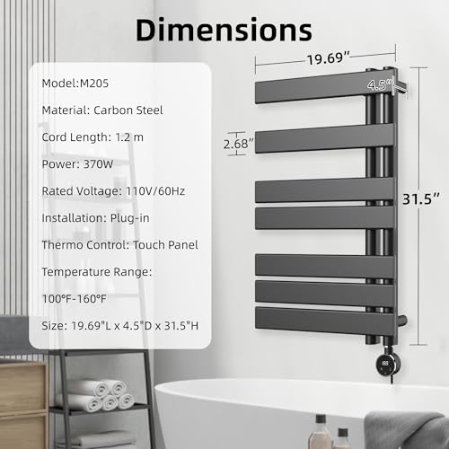 P&Dlusir M205 Electric Towel Warmer, Black, H31.5 x W19.69 | Heated Towel Rack, No Preheat, Fast Dry, Precise Timer, Plug-in/Hardwired - color: Black, size: 31.5"H x 19.69"L
