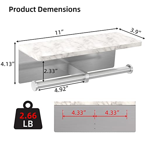 Gypie Toilet Paper Holder with Marble Shelf, Double Brushed Nickel | Stainless Steel Tissue Roll Paper Holder Wall Mount for Bathroom Washroom - color: Brushed Nickel Double