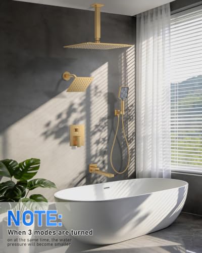 Woindo 4 Function Shower Faucet Set 12" Rain Shower Head/6'' Side Shower Head and 3 Setting Handheld Ceiling Mount Push Button Diverter Complete Rainfall Round Shower System Included Valve Trim Kit - color: Brushed Gold, style: 4-Function-Ceiling