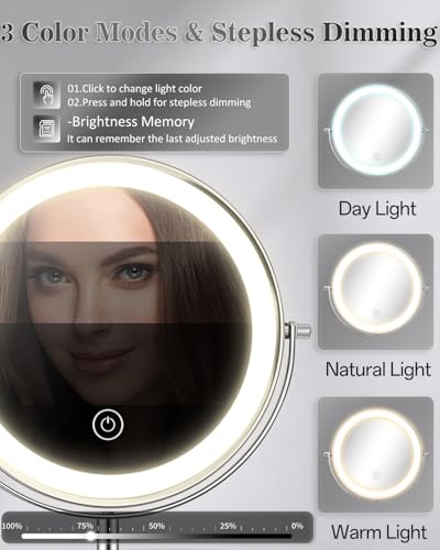 1X/30X 8" Magnifying Makeup Mirror with Lights Height Adjustable for Desk | 3000mAh Rechargeable Lighted Magnifying Mirror Double Sided Vanity Mirrors with 3 LED Lighting Touch Dimmable for Women Gift