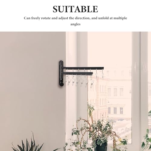 Black Stainless Steel Balcony Clothes Drying Rack Wall Mount with 2-Tier Multi Bar, 360° Rotating Arms, Windproof Clips, and No-Drill Installation for Bathroom and Studio Settings,