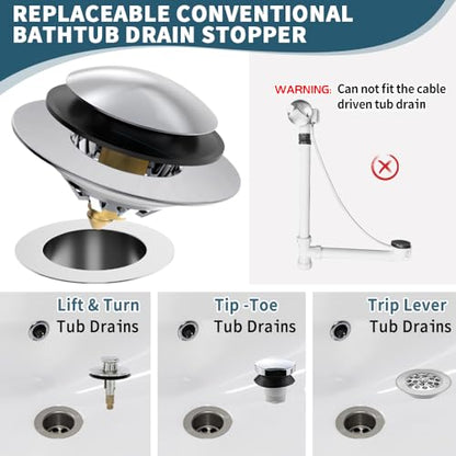 Bathtub Drain Stopper with Hair Catcher, Anti Clogging Bath Tub Drain Stoppers, Replaces Lift and Turn, Tip-Toe and Trip Lever drains for Tub, Easy Install and Clean (Chrome Silver)