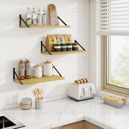 20 Inch Floating Shelves, 10 Inch Deep Oak Wall Shelves Set of 2 | 20'' x 10'' Rustic Wood Shelves with Heavy Duty Brackets, Deep Shelves for Bathroom, Living Room, Engineered Wood, 35LBS - color: Oak, size: 20W x 10D