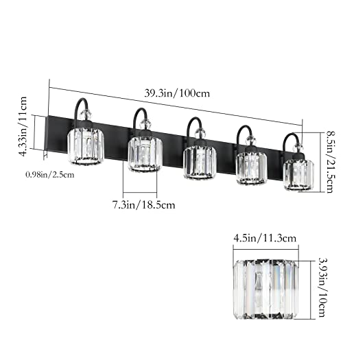 Ralbay Modern Crystal Black 5-Light Bathroom Vanity Light, Matte Black Crystal Bath Wall Light Fixtures - color: Round-Black, size: 5-light