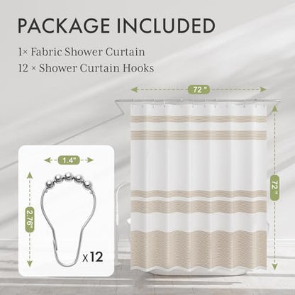 AmazerBath Beige Shower Curtain, 72x72 Washable Cloth Neutral Light Tan Shower Curtain with 12 Hooks, Fabric Khaki and White Striped Set, Farmhouse Bathroom Shower Curtain - color: A- Khaki Stripe +12 Metal Hooks, size: 72"W x 72"L (Pack of 1)