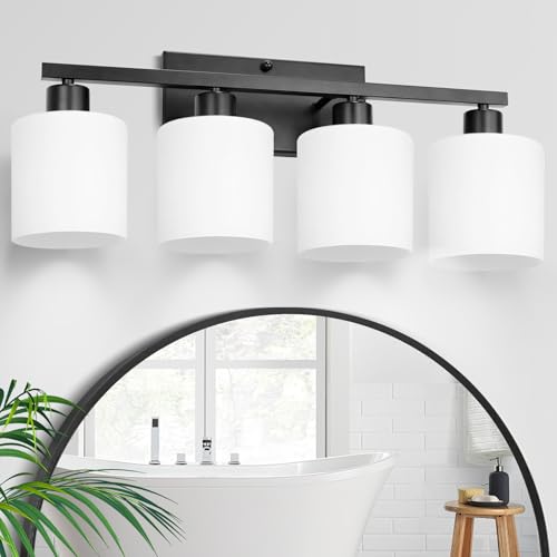 SILAMPDI Black Bathroom Light Fixtures Over Mirror, 4-Light Vanity Lights for Bathroom, Modern Wall Sconces Lighting for Bedroom Living Room, Milky White Glass Shades, E26 Base, Bulbs Not Included - color: Black-4Light