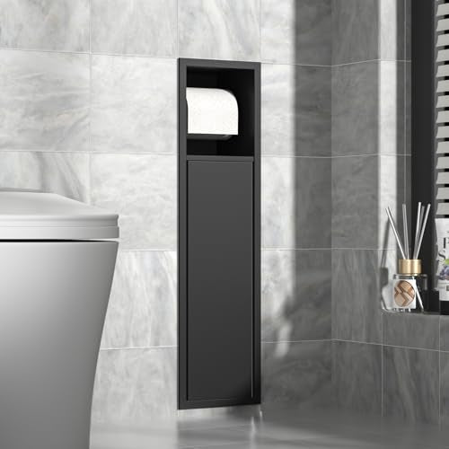 in Wall Toilet Paper Holder w/Cabinet for Bathroom Remodel | Over-mounted Toilet Roll Holder, 304 Stainless Steel Tissue Paper Holder with Dispenser (Matte Black) - color: Matte Black