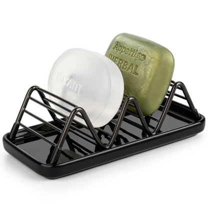Stainless Steel Soap Dish Draining Soap Holder with Ceramic Tray, Black | Reversible Design Fits 2-3 Bars, Rustproof, Easy to Clean, Space Saving, Non Slip, for Bathroom, Shower, Kitchen - color: Black, size: 6.3" x 3.0"(with tray)
