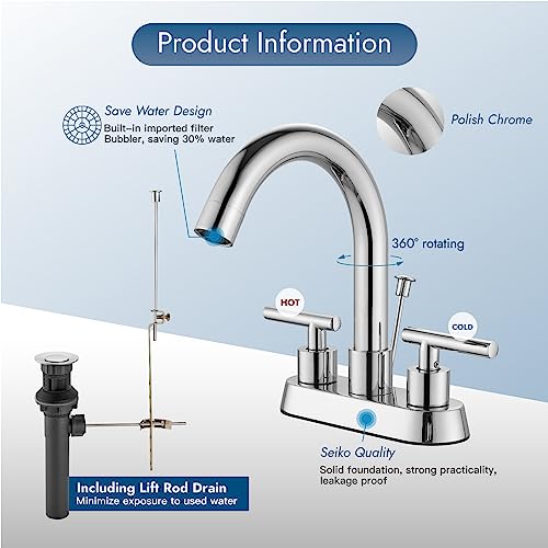 Bathroom Faucet with Lift Rod Drain,4 Inch Centerset 3 Hole,Polish Chrome | Two Handle Lead-Free SUS304 Stainless Steel Bathroom Sink Faucet with Lift Rod Drain & Supply Lines for RV & Farmhouse - color: Polish Chrome