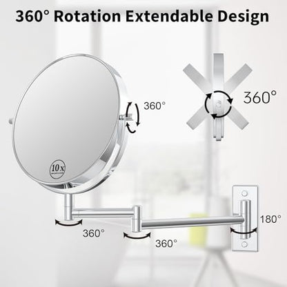 8" Wall Mounted Makeup Mirror with 1X 10X Magnification, Chrome | Double-sided Wall Mount Magnifying Mirror with Swivel Extendable Arm for Bathroom - color: Chrome-no Lights
