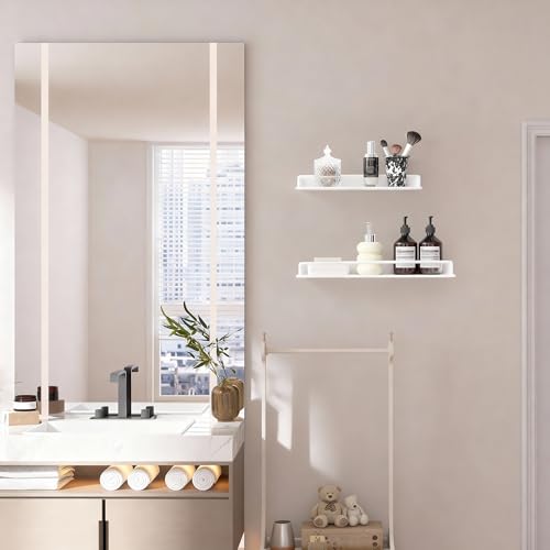 RFOUO 16 Inch Small Metal Wall Shelf with Guard Rail,White,1 Pack | Small Bathroom Shelf, Wall Mounted, Aluminum Floating Shelf, For Toothbrush Perfume Spice,Bathroom Bedroom Kitchen - color: White, size: 16Inch