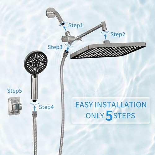RFOUO 11 Inch Wide Rain Shower Head with Handheld,Chrome | High Pressure Rainfall, Dual Shower Head Combo with Adjustable Arm, 3-Mode Detachable Handheld Spray,with 59 Inch Hose - color: Chrome
