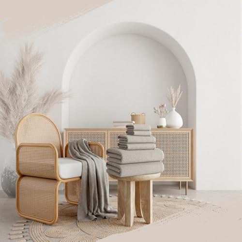 6 Pcs 100% Linen Towel Set 2 Waffle Bath Towels 2 Gray Washcloths 2 Hand Towels Natural Fiber Waffle for Bathroom Thin Pre-Washed Lightweight Quick-Dry Absorbent