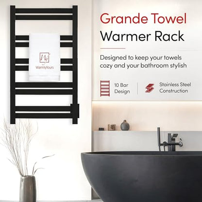 WarmlyYours Grande Heated Towel Rack, 10 Bars, Matte Black | Wall-mounted electric towel warmer rack and dryer, 120V hardwired, flat heated bars for towels and bathrobes - color: Matte Black, size: 10 Bars