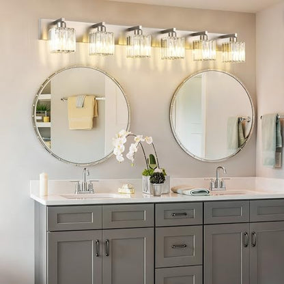 Aipsun Brushed Nickel Bathroom Light Fixtures 6 Light Vanity Lighting Fixture Crystal Modern Bathroom Vanity Light (Exclude Bulb) - color: Brushed Nickel, size: 49 inch