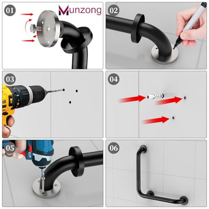 16x16 Inch Black Shower Grab Bars, L-Shaped Handicap Grab Rail | Anti Slip Bathroon Stainless Steel Knurled Safety Handle Support Elderly Injury Senior - color: Black