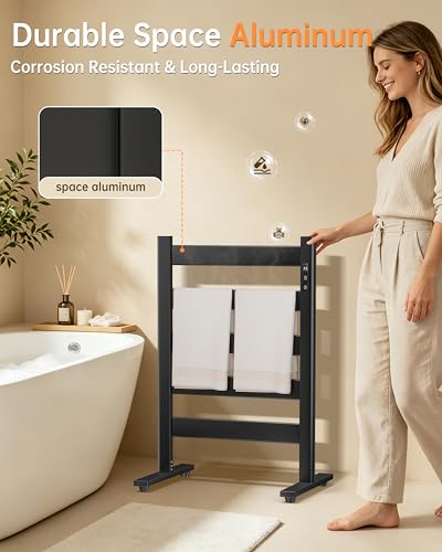 Towel Warmers for Bathroom, Space Aluminum Heated Towel Racks for Bathroom, with Built-in Timer&Temperature Adjustment, Freestanding Towel Heater，Black