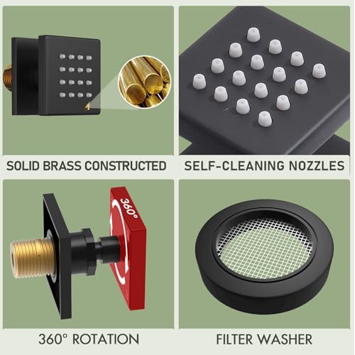 Shower Body Spray Jets with Adjustable Flow On Off Switch, Matte Black Shower Body Jets Wall Mount Massage Spa Jet, Flow control - color: Square-Matte Black