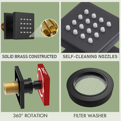Shower Body Spray Jets with Adjustable Flow On Off Switch, Matte Black Shower Body Jets Wall Mount Massage Spa Jet, Flow control - color: Square-Matte Black