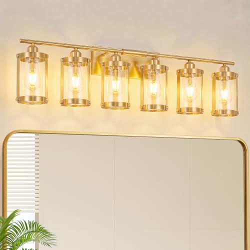 6-Light Brushed Gold Bathroom Light Fixtures Over Mirror with Clear Glass and Metal Cage Shade, 42" UL-Listed Modern Farmhouse Wall Sconce for Bath, Hardwire E26, OS-3014BG-6W - color: Gold + Clear Glass, size: 6-Light, 42" L