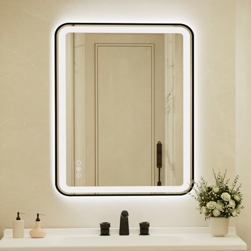36x48 Inch LED Bathroom Mirror with Black Frame,Front and Backlit Vanity Mirror, Stepless Dimmable Wall Mirrors with Anti-Fog, 3 Colors, Memory, Waterproof, LED Smart Bathroom Mirror - color: Black, size: 36"L x 48"W