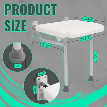 KUAFU Folding Shower Seat, Wall Mounted Bathroom Bathtub Safety Stool, | 18.31"x16.34"x3.54" Foldable Shower Chair W/Support Legs for Inside Shower, Seniors, Elderly and Disabled White 400LBS