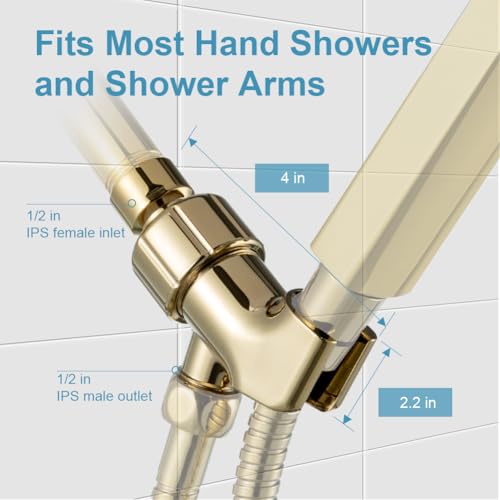OFFO Shower Head Holder with Solid Metal Ball for Handheld Shower Head Gold, Adjustable Shower Arm Mount for Connecting Shower Arm and Shower Hose, 1/2 in IPS Female Inlet and Male Outlet - style: Gold