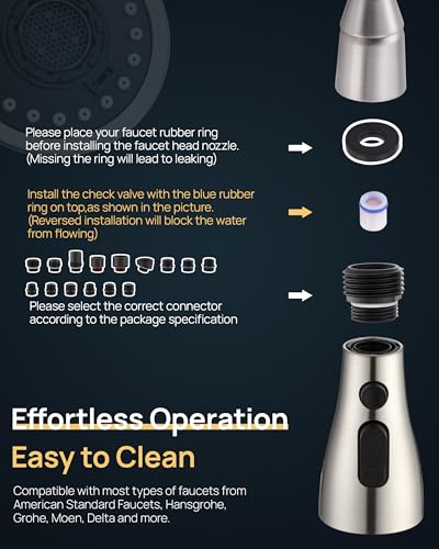 J-HVA Pull Down Kitchen Faucet Sprayer Head Replacement Part,Brushed Nickel | with 15 Adapters, 3 Function Pull Out Sink Sprayer Replacement Nozzle, Kitchen Faucet Head Hose Spray Tap Spout - color: Brushed Nickel