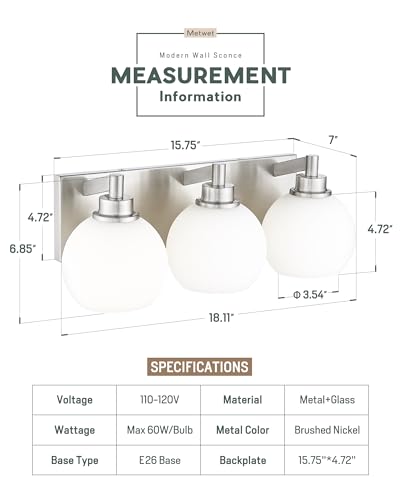 3-Light Brushed Nickel Bathroom Vanity Light, Milk Glass Globe Shade | 18" modern bathroom light fixtures over mirror, E26 base, bulbs not included, VL195-BN-ML-3 - color: Brushed Nickel, Milk Glass, size: 3-light