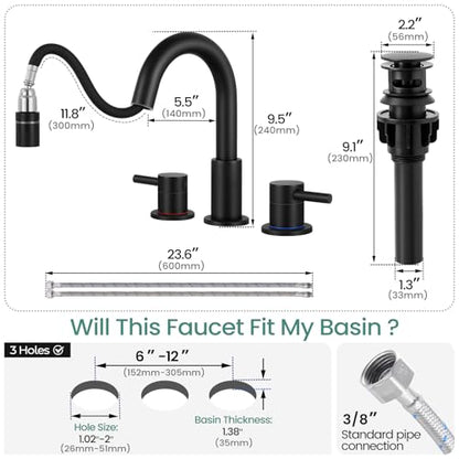 Bathroom Faucet 3 Hole with Pull Down Sprayer Matte Black, 2-Handle | Lead-free stainless steel, pop-up drain, 360°swivel, 8-inch widespread Faucet for RV/vanity sink, 3-hole mount - color: 2-Matte Black, style: 8 Inch Pull Down