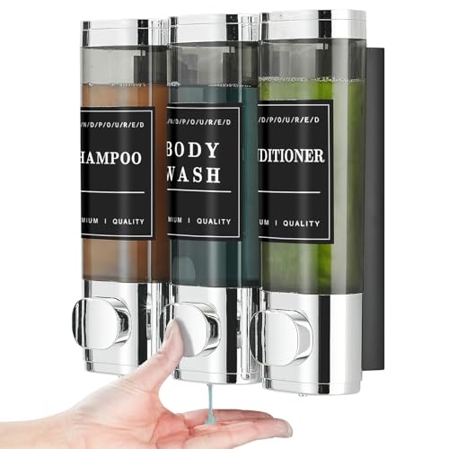 Unisense Shower Soap Dispenser 3 Chamber No Drill Shampoo and Conditioner Dispenser Wall-Mounted Shampoo Dispenser for Shower Wall Mounted Shower Dispenser for Bathroom Hotel Large Capacity,Chrome - color: Chrome