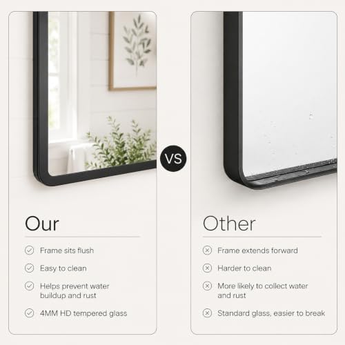 pertetey 28 x 36 in Rounded Rectangle Bathroom Mirror, Black Metal Frame | Black Metal Frame, Rounded Rectangle Design, Tempered Glass, Wall Mounted - size: 28"L x 36"W