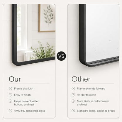pertetey 40 x 36 in Rounded Rectangle Bathroom Mirror, Black Metal Frame | Black Metal Frame, Rounded Rectangle Design, Tempered Glass, Wall Mounted - size: 40"L x 36"W