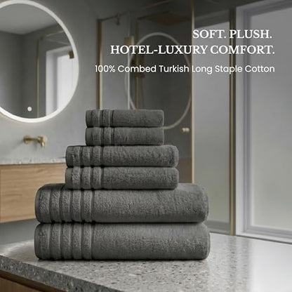 BW Luxe Home - 100% Soft Turkish Cotton 6 Piece Gray Towel Set (2 Bath, 2 Hand, 2 Wash). 600 GSM, Combed Natural Yarn for Fast Drying & Excellent Absorption. Hotel & Spa Luxury Quality. - color: Oxford Gray