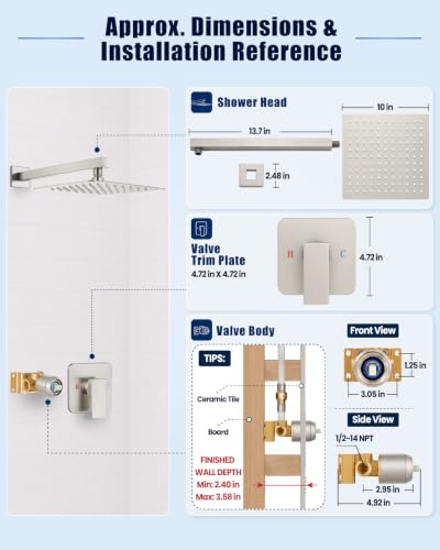 Heyalan 10 Inch Square Rain Shower Faucet Set with Valve, Brushed Nickel | Female-thread 1/2-inch NPT connections, SUS304 shower head, brass rough-in valve, single-handle control Shower Set - color: Nickel, size: 10 Inch Square Shower Head